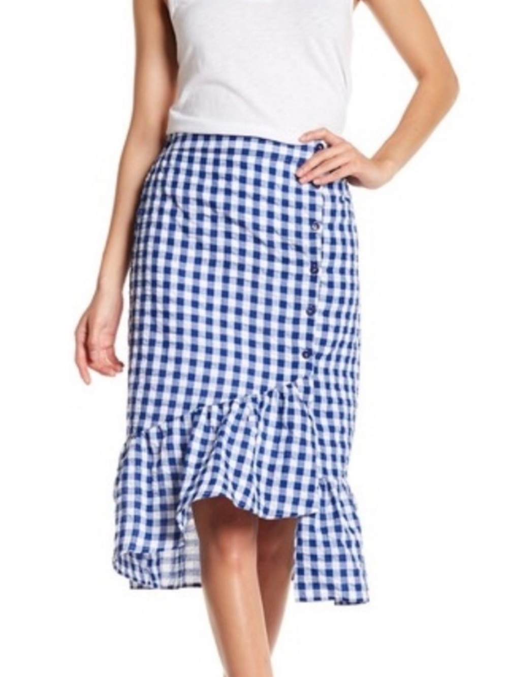 lost + wander blue white gingham checkered ruffle midi skirt small